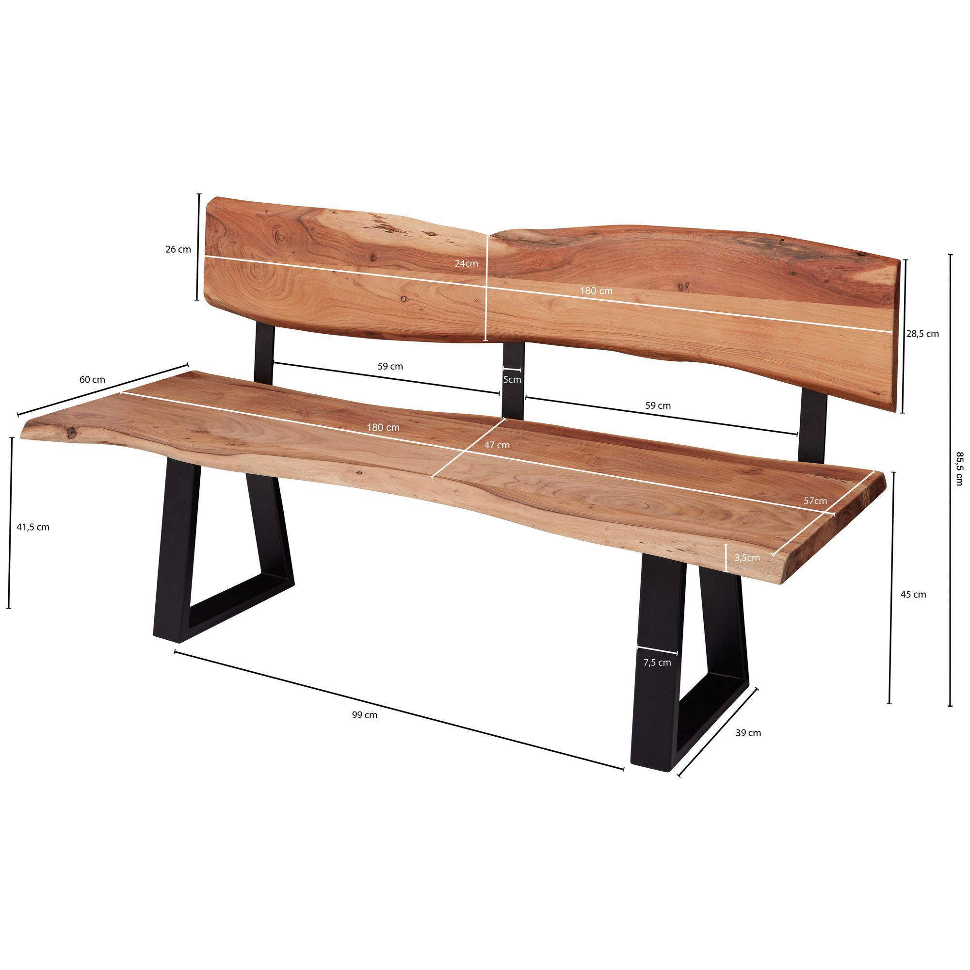 Sitzbank natur schwarz B/H/T: ca. 180x85,5x60 cm Sitzbank - natur/schwarz (180,00/85,50/60,00cm) - Wohnling