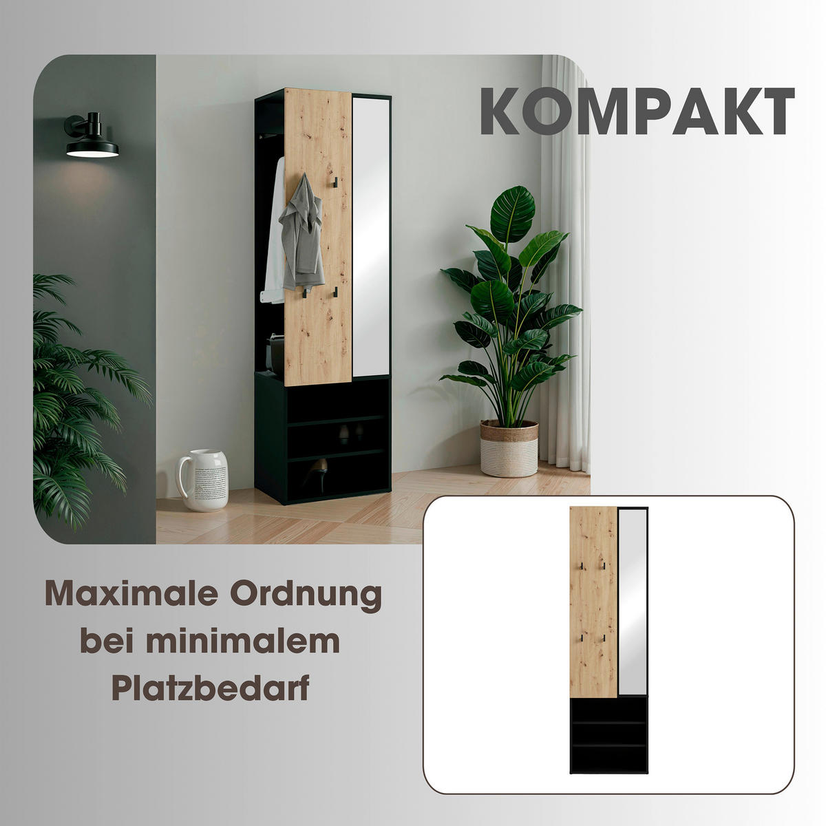 Garderobenset ANDORRA Eiche schwarz B/H/T: ca. 55x187,5x40,5 cm ANDORRA - Eiche/schwarz (55,00/187,50/40,50cm) - byLIVING