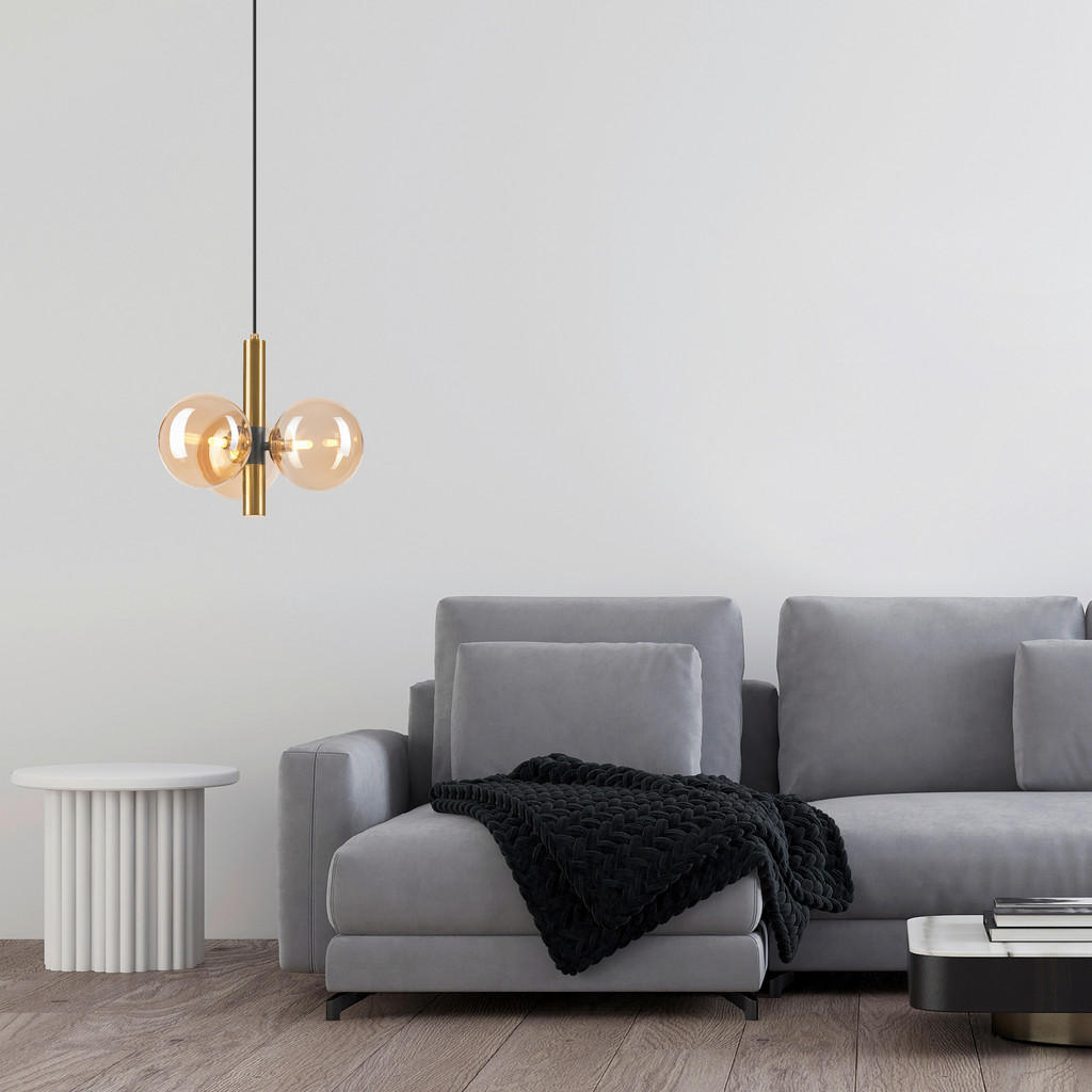 Thumbnail - Lamkur Pendelleuchte ROLLO 49335 schwarz gold Stahl Glas H/L: ca. 120x35 cm E27 3 Brennstellen