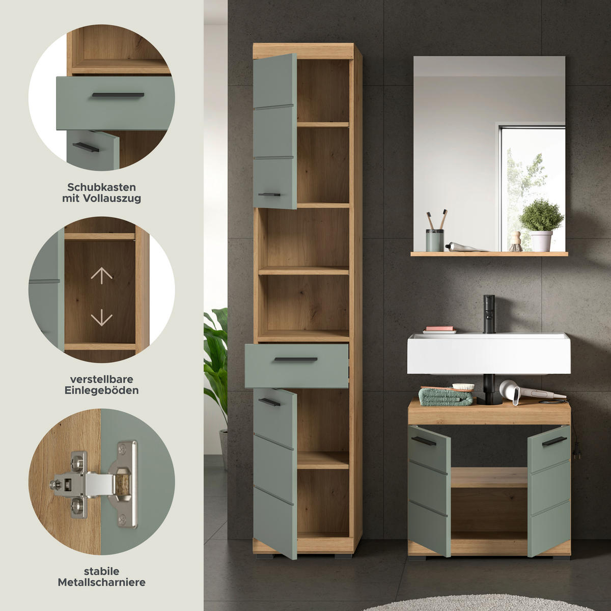 Badezimmer-Set Scout Eiche Artisan Nachbildung salbei Nachbildung B/H/T: ca. 112x191x34 cm Scout - Eiche/salbei (112,00/191,00/34,00cm) - xonox.home