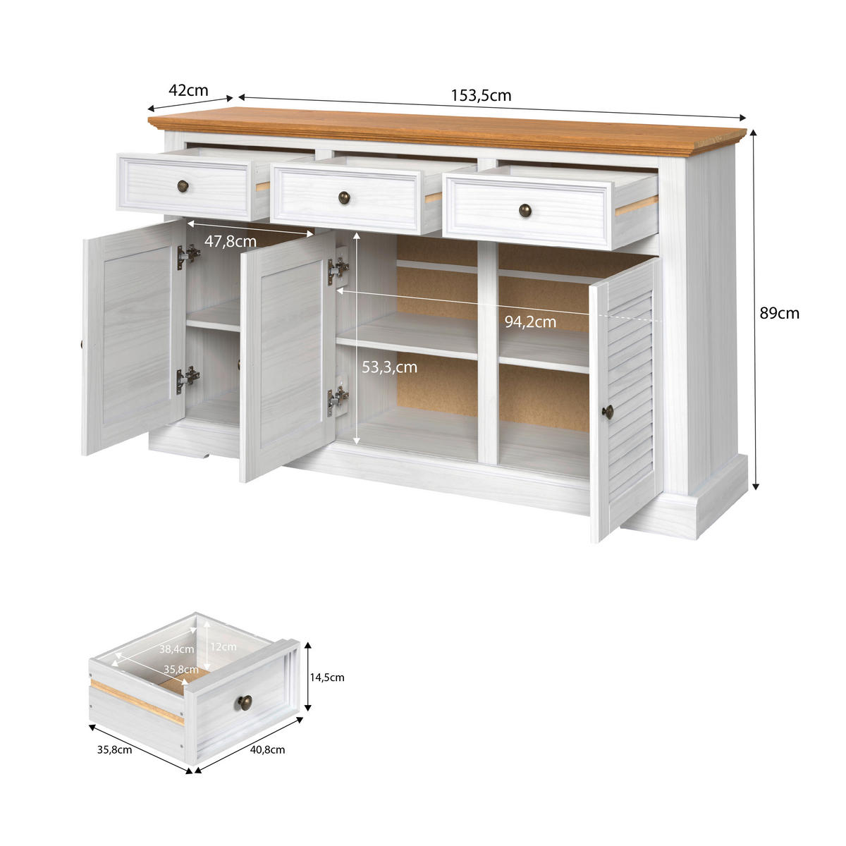 Kommode Breda B/H/T: ca. 154x89x42 cm Breda - weiß/honig (154,00/89,00/42,00cm)