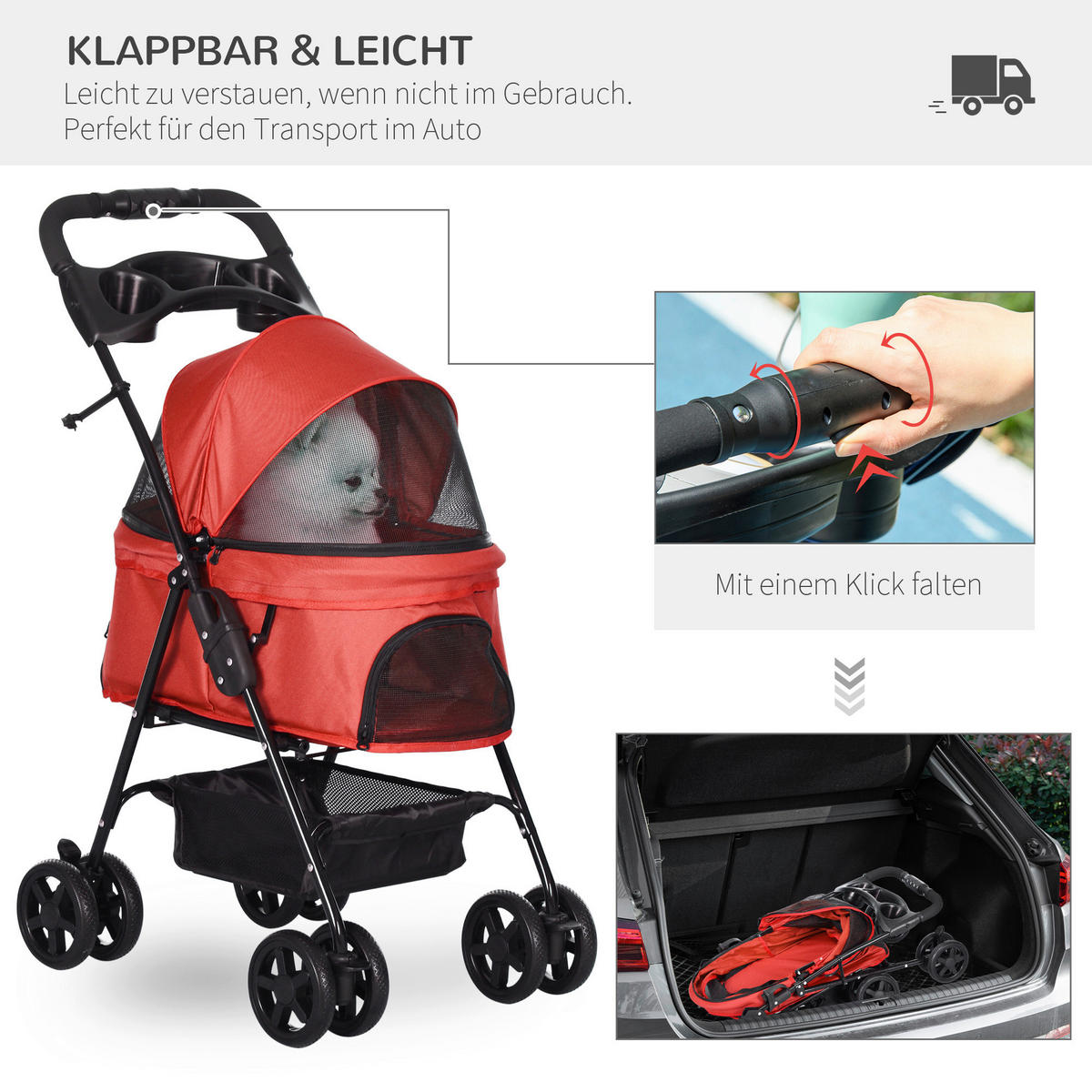 PawHut Hunde-Zubehör rot Polypropylen B/H/L: ca. 45x67x96 cm Hundewagen - rot (96,00/45,00/67,00cm) - PawHut