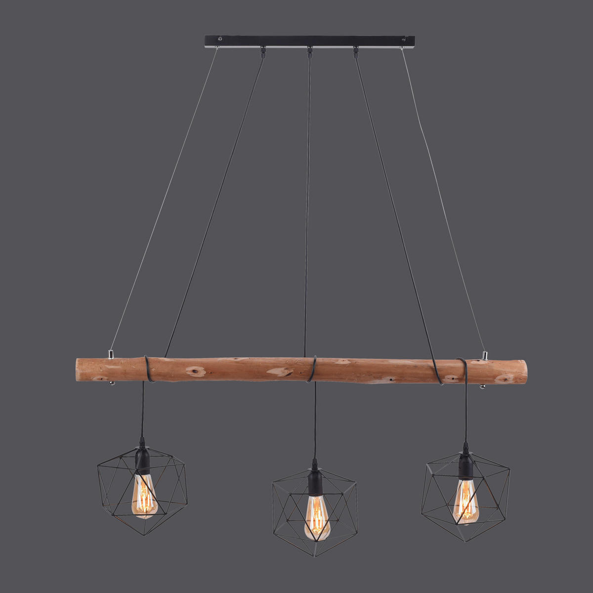 Just Light Pendelleuchte  PN15514-18 schwarz Holz Metall Glas B/H/L: ca. 20x120x100 cm E27 3 Brennstellen EDGAR - schwarz (100,00/20,00/120,00cm) - Just Light