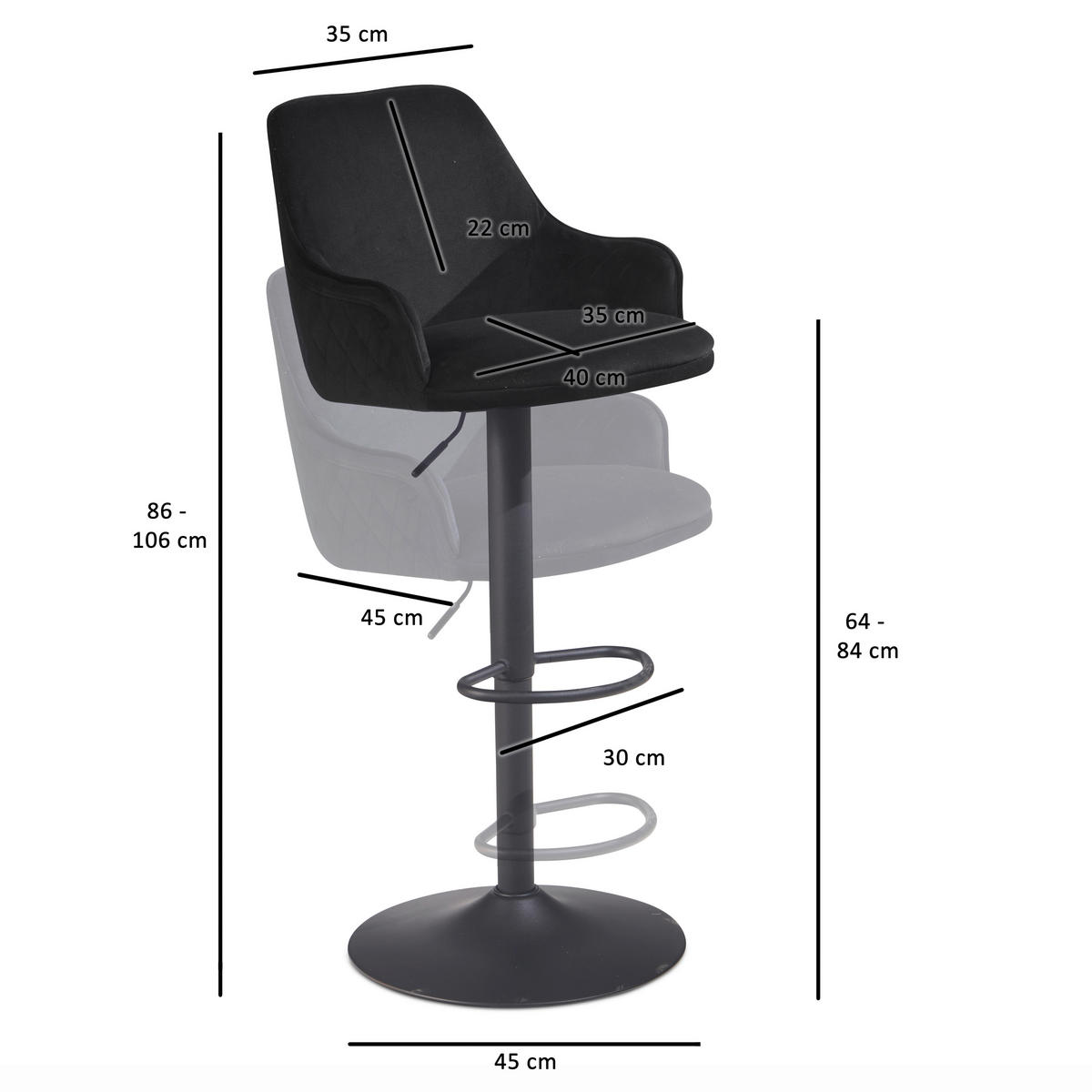 Barhocker schwarz schwarz Samt Eisen B/H/T: ca. 45x106x45 cm Barhocker - schwarz (45,00/106,00/45,00cm) - Wohnling