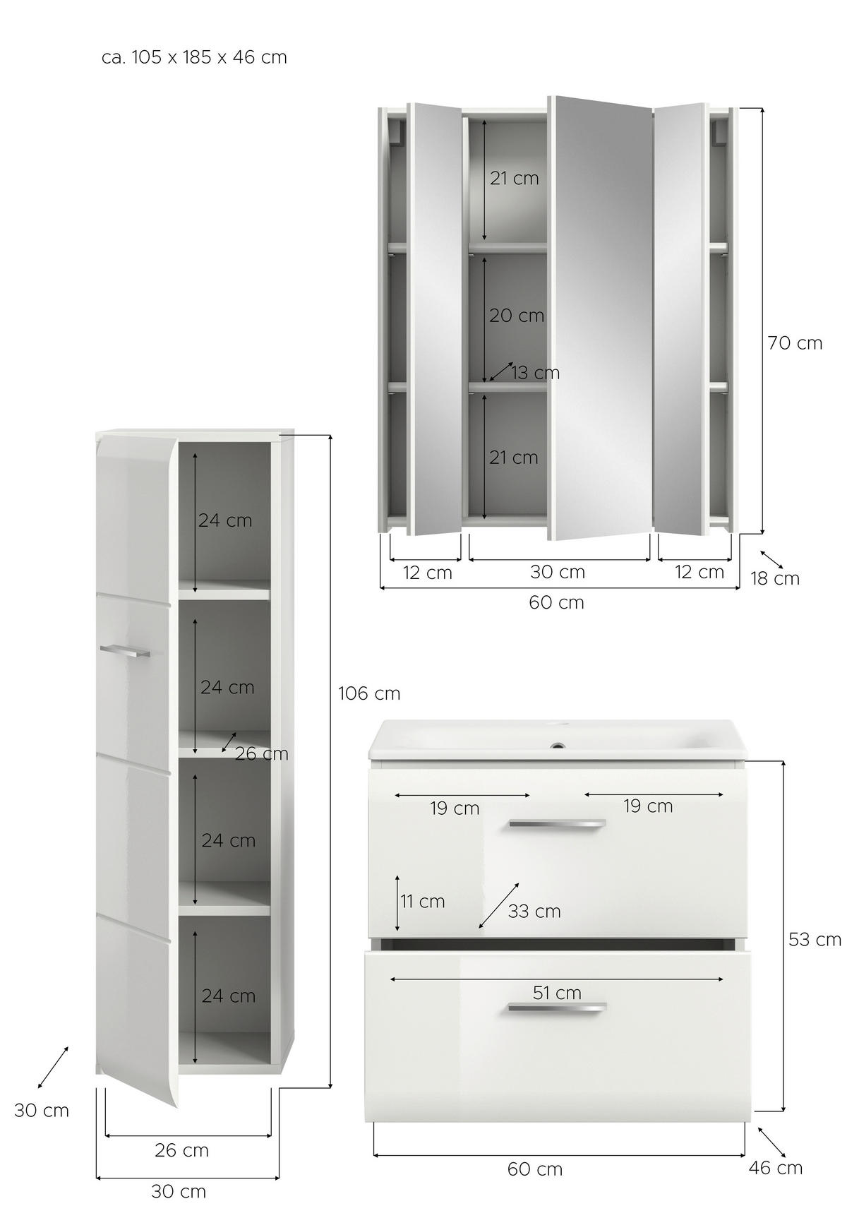 Badezimmer-Set Ice weiß weiß Hochglanz B/H/T: ca. 105x185x46 cm Ice - weiß (105,00/185,00/46,00cm) - xonox.home
