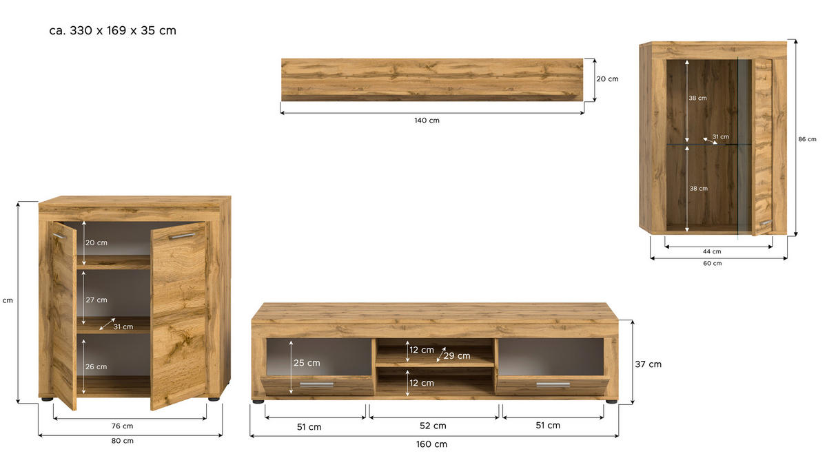 Wohnwand Jam Eiche Wotan Nachbildung B/H/T: ca. 330x169x35 cm Jam - Eiche (330,00/169,00/35,00cm) - xonox.home