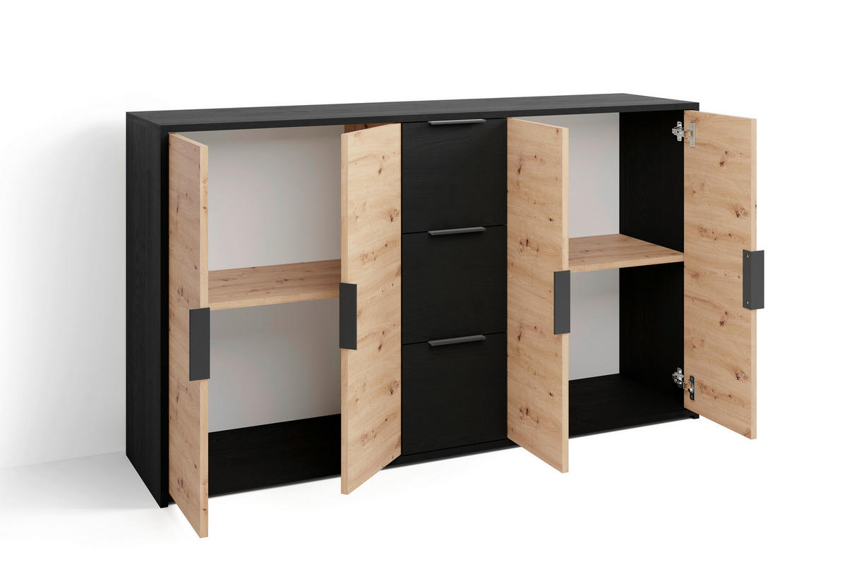 Kommode RIMINI schwarz Eiche Nachbildung B/H/T: ca. 139x80x39 cm RIMINI - Eiche/schwarz (139,00/80,00/39,00cm) - byLIVING