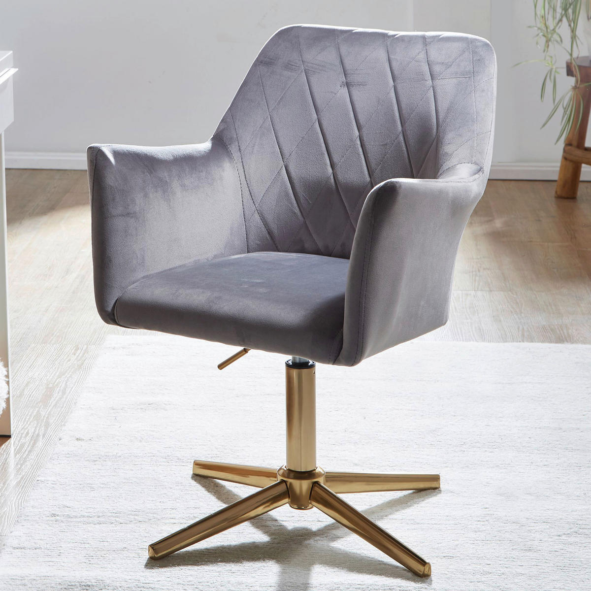 Drehstuhl grau gold Samt Eisen Drehstuhl - gold/grau (55,00/97,00/55,00cm) - Wohnling