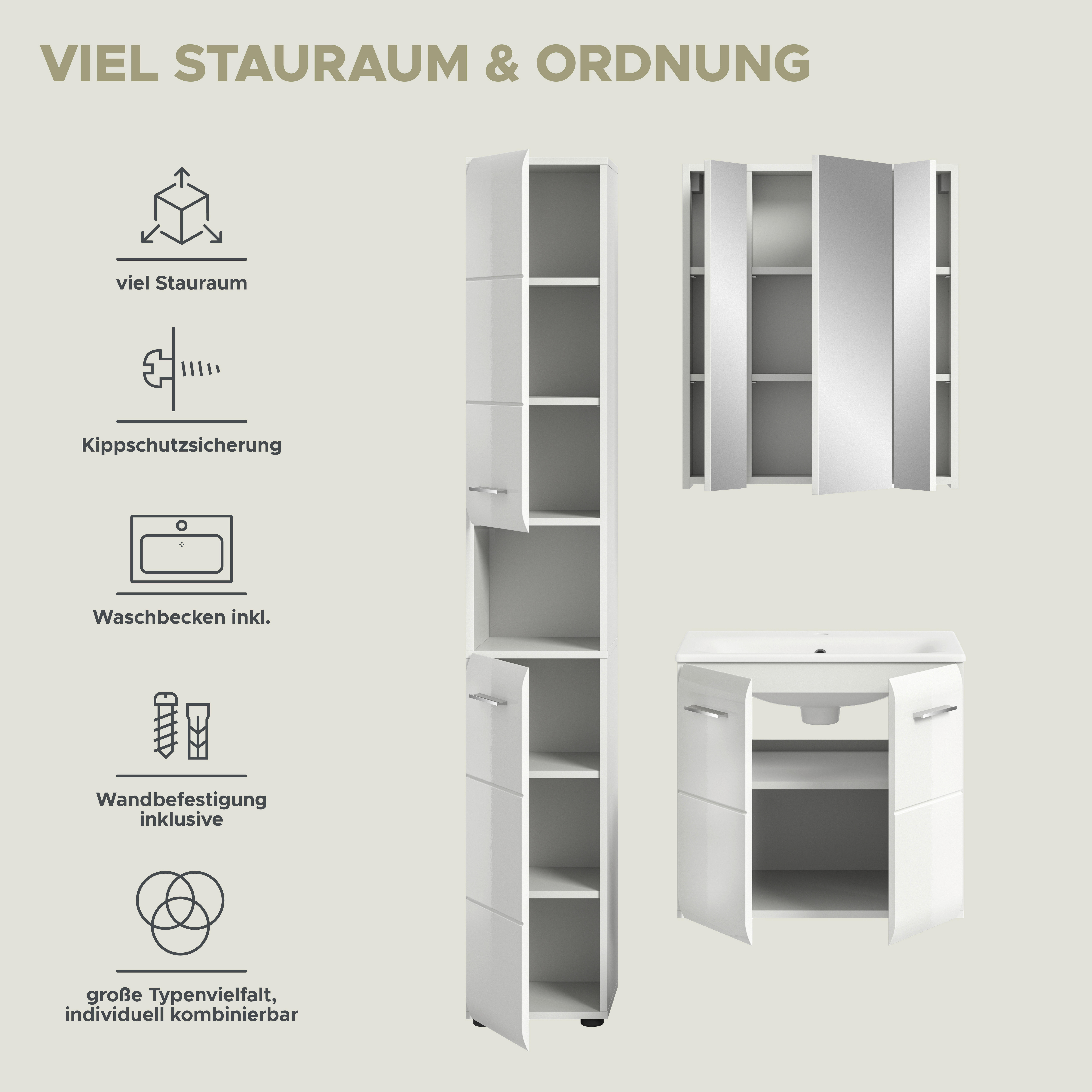 Badezimmer-Set Ice weiß weiß Hochglanz B/H/T: ca. 105x185x46 cm Ice - weiß (105,00/185,00/46,00cm) - xonox.home