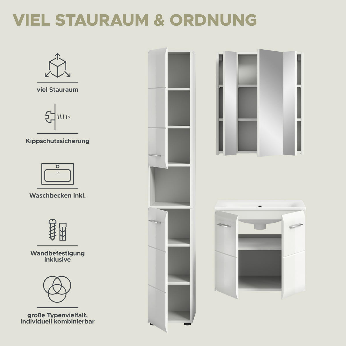 Badezimmer-Set Ice weiß weiß Hochglanz B/H/T: ca. 105x185x46 cm Ice - weiß (105,00/185,00/46,00cm) - xonox.home