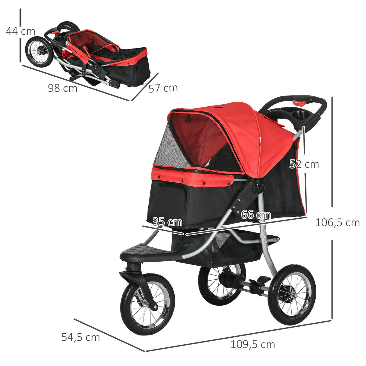 PawHut Hunde-Zubehör rot Polypropylen B/H/L: ca. 54,5x109,5x106,5 cm Hundewagen - rot (106,50/54,50/109,50cm) - PawHut