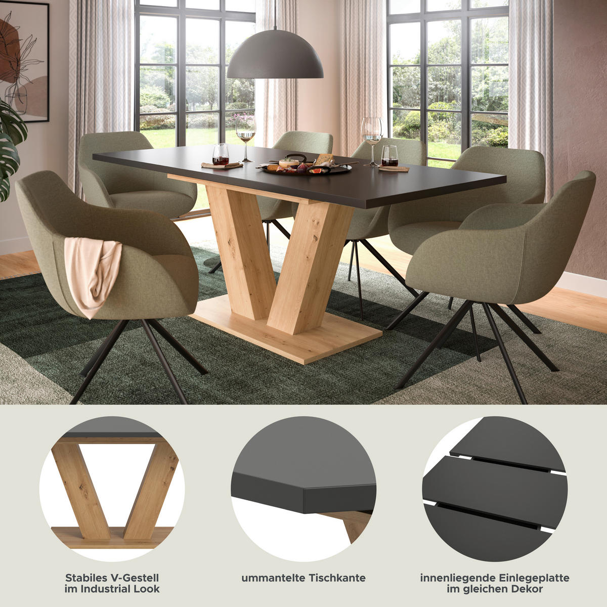 Esstisch MOTION grau Artisan Nachbildung B/H/T: ca. 150x76x90 cm MOTION - grau (150,00/76,00/90,00cm) - xonox.home