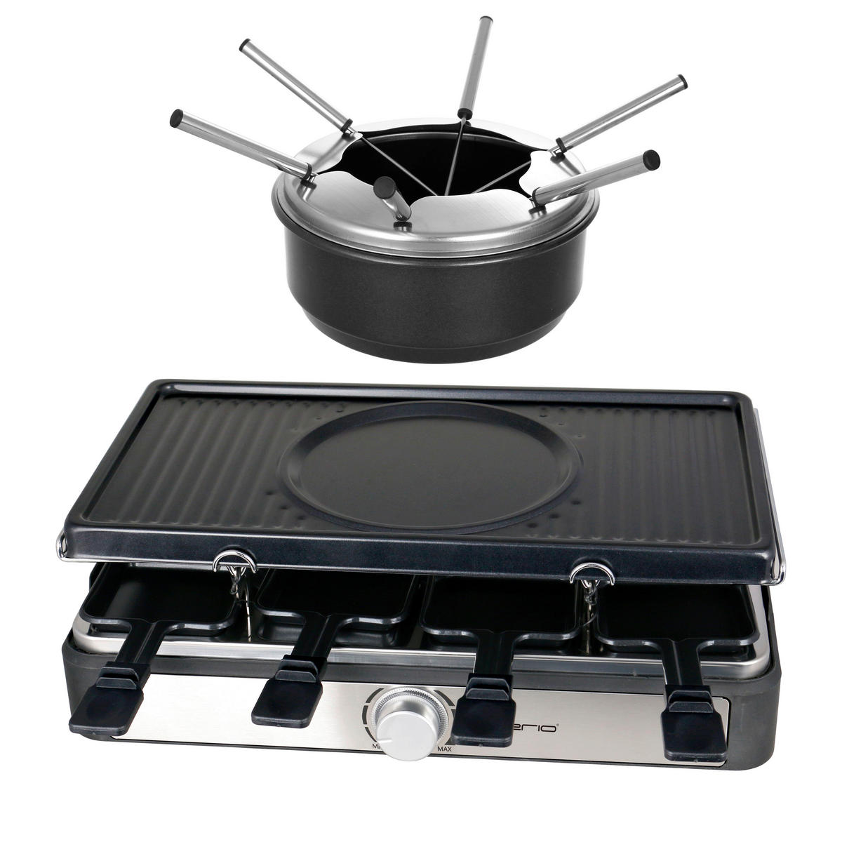 Emerio Raclette-Grill-Fondue-Kombi RG-124930 schwarz B/H/L: ca. 27x16,5x44 cm Raclette-Fondue-Kombi RG-124930 - schwarz/silber (44,00/27,00/16,50cm) - Emerio