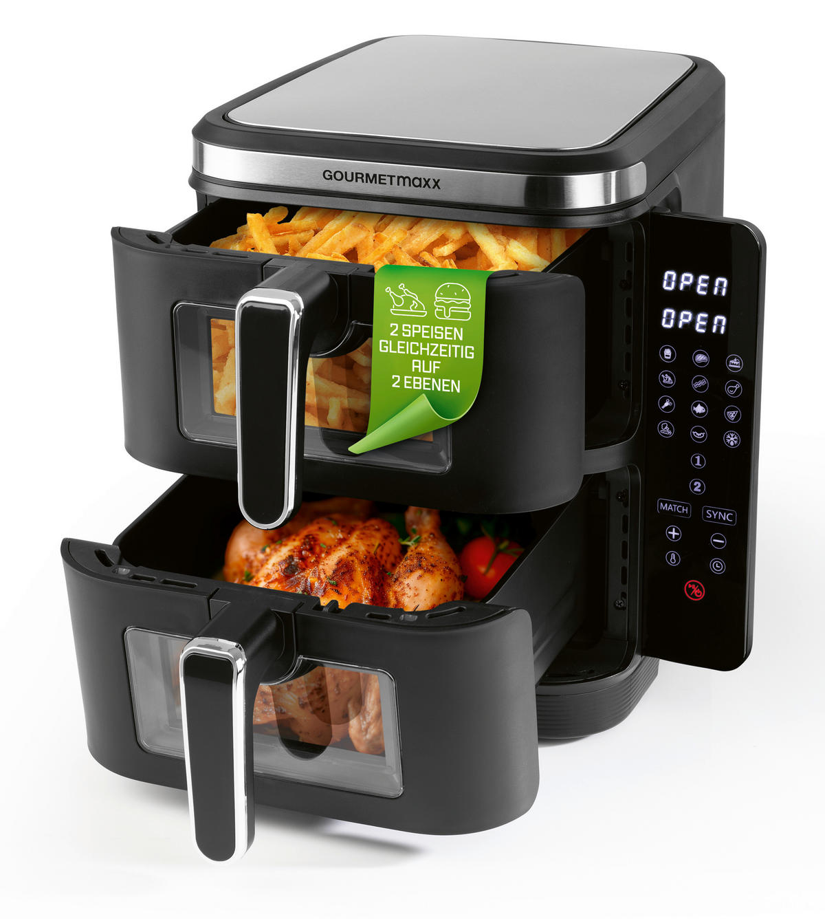 GOURMETmaxx Heißluftfritteuse schwarz Kunststoff B/H/L: ca. 28,6x35,5x44,3 cm ca. 5 l Doppel-Heißluftfritteuse 16509 - schwarz (44,30/28,60/35,50cm) - GOURMETmaxx