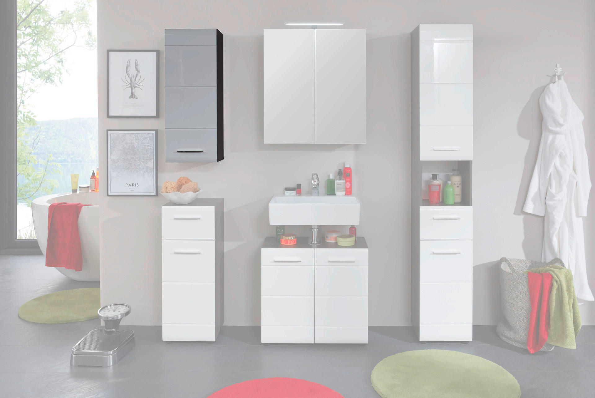 Badhängeschrank Line Rauchsilber Nachbildung weiß Hochglanz B/H/T: ca. 30x77x23 cm Line - weiß (30,00/77,00/23,00cm)