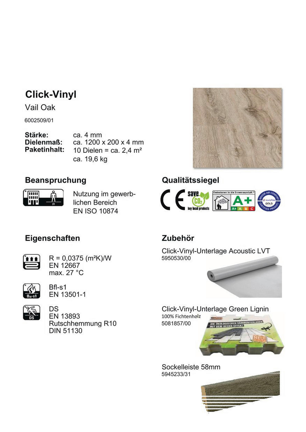 Click-Vinylboden Vail Oak ca. 2,4 m² im Paket  B/L: ca. 20x120 cm pro Paket Vail Oak ca. 2,4 m² im Paket - (20,00/120,00cm)