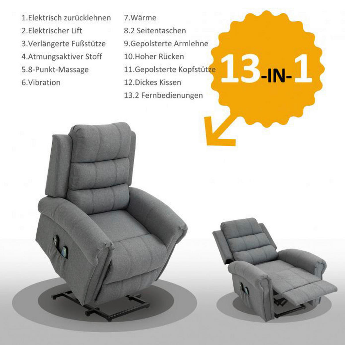 HOMCOM Massagesessel 700-095 grau Polyester-Mischgewebe Holz Metall Schaumstoff B/H/T: ca. 94x104x96 cm ca. 50 W Massagesessel 700-095 - grau (94,00/104,00/96,00cm) - HOMCOM