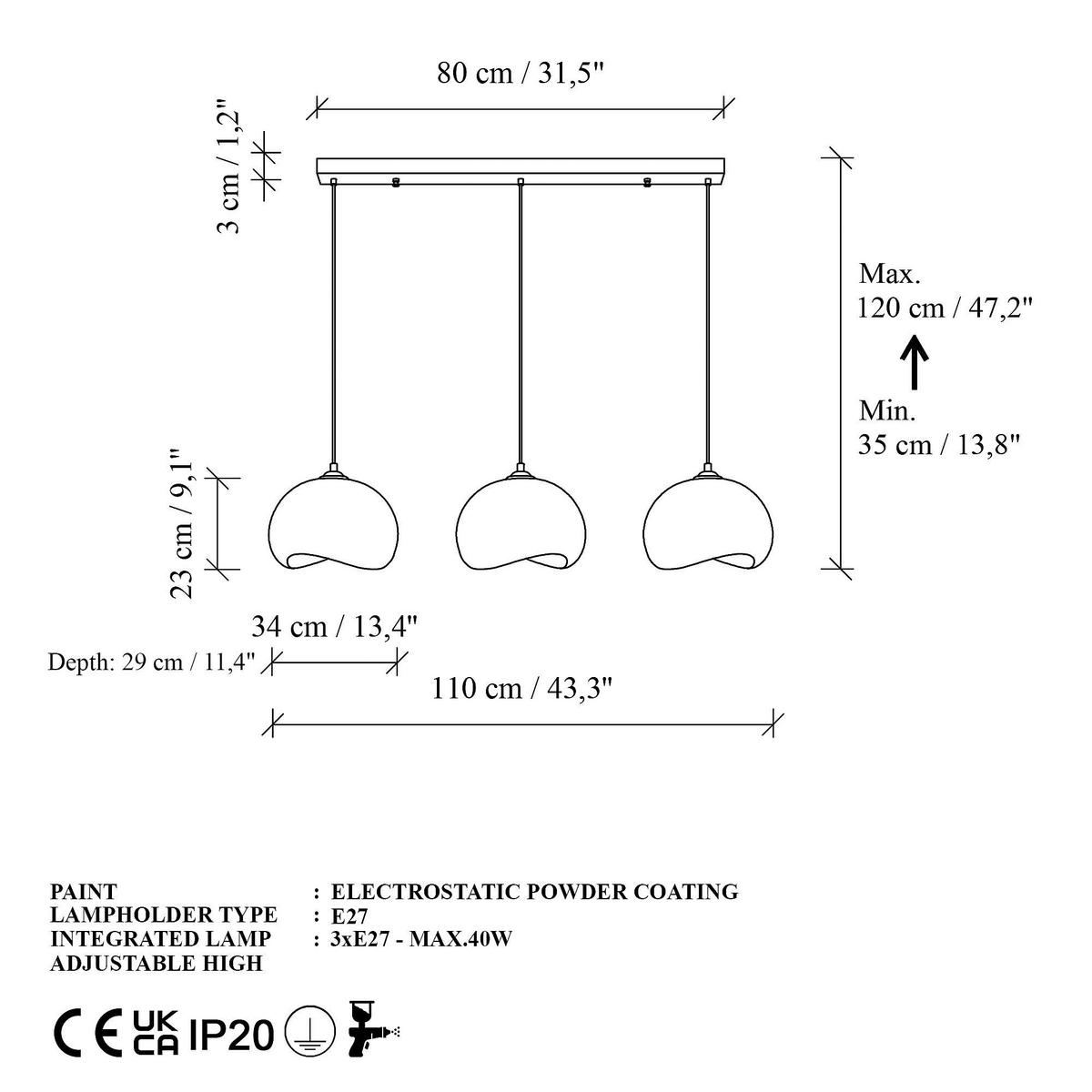 Opviq Pendelleuchte weiß Metall Polyester-Mischgewebe B/H/L: ca. 29x120x34 cm E27 3 Brennstellen Yontu - 15853 - A - weiß (34,00/29,00/120,00cm) - Opviq