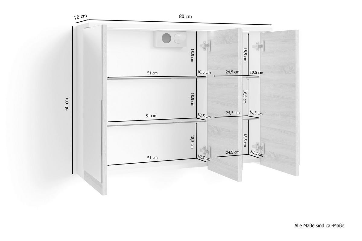 Spiegelschrank MARINO weiß matt Eiche Sonoma Nachbildung B/H/T: ca. 80x60x20 cm MARINO - Eiche/weiß (80,00/60,00/20,00cm) - byLIVING