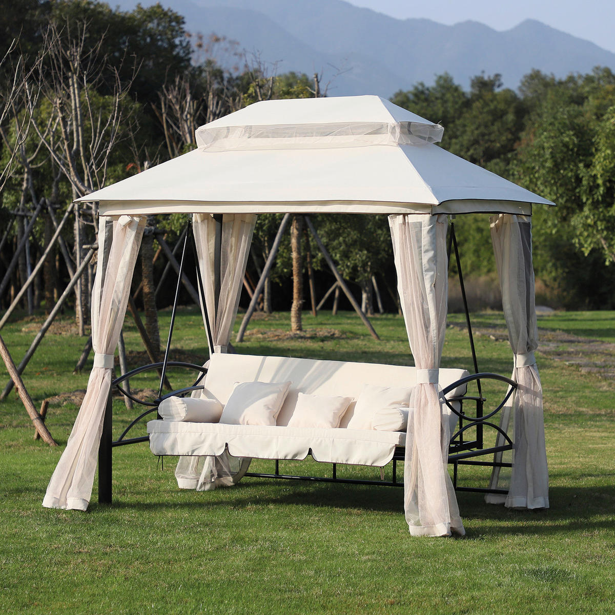 Outsunny Hollywoodschaukel beige Stahl B/H/L: ca. 165x243x245 cm Hollywoodschaukel - beige/schwarz (245,00/165,00/243,00cm) - Outsunny