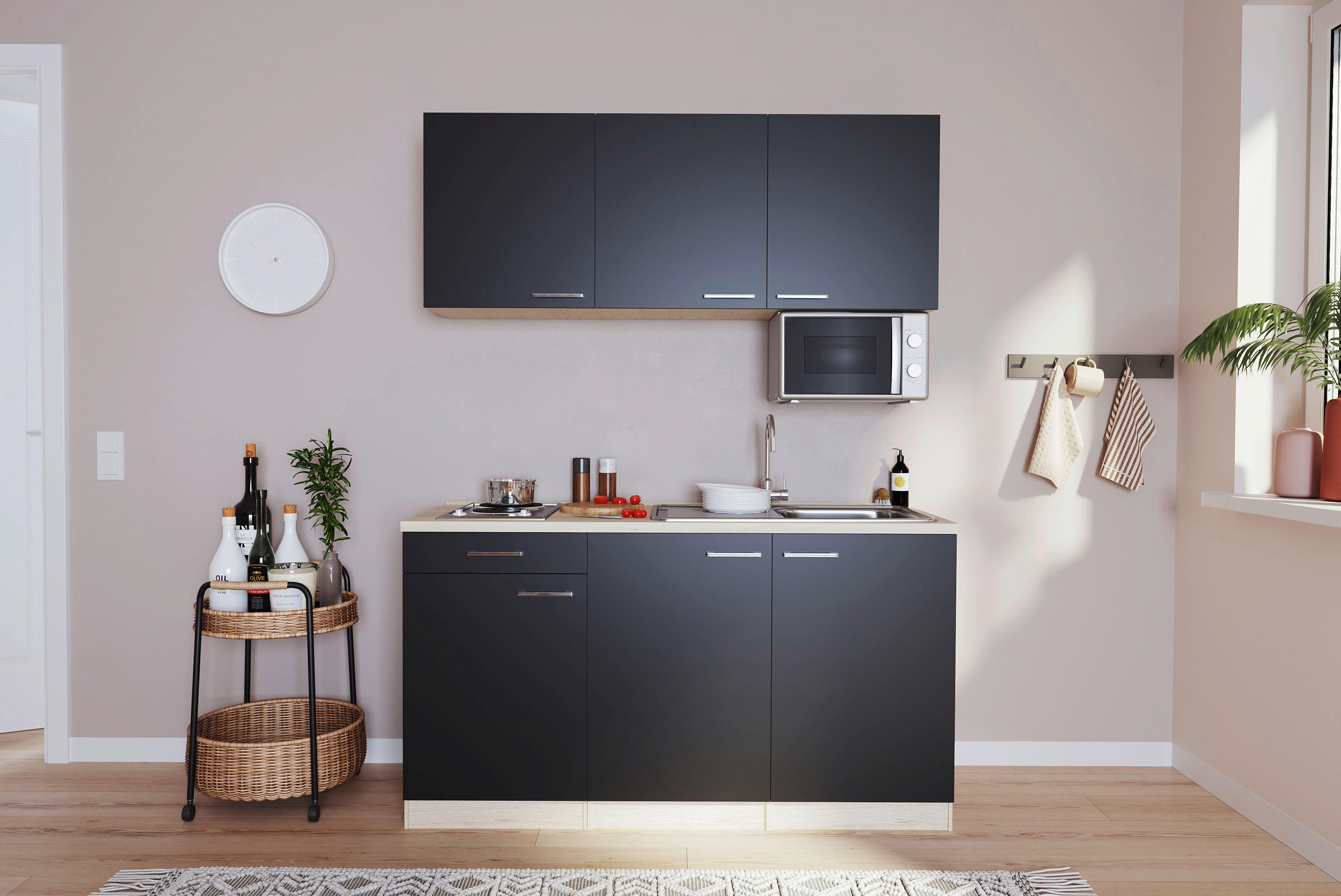 Respekta Singleküche Luis schwarz B/H/T: ca. 150x200x60 cm Luis - Eiche/schwarz (150,00/200,00/60,00cm) - Respekta