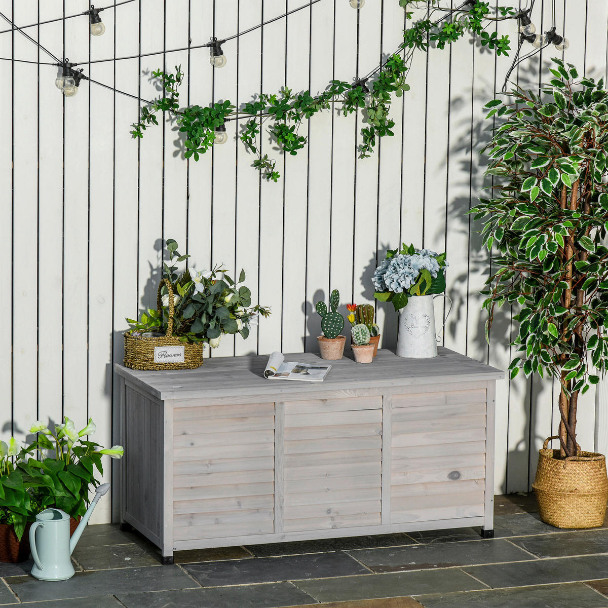 Outsunny Gartentruhe mit Stauraum grau Holz B/H/L: ca. 56x60x127 cm Gartentruhe mit Stauraum - grau (127,00/56,00/60,00cm) - Outsunny