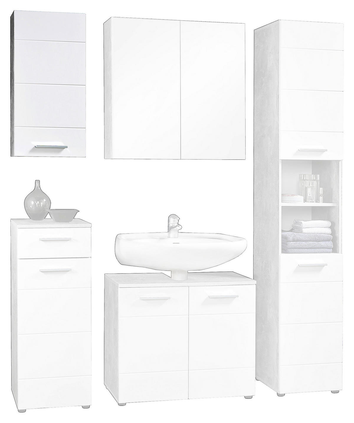 Badhängeschrank Stockholm Beton Optik weiß Hochglanz B/H/T: ca. 35x71x23 cm Stockholm - weiß (35,00/71,00/23,00cm)