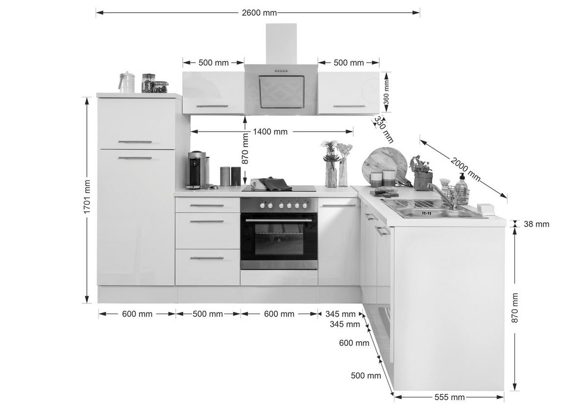 Respekta Küchenblock Premium weiß hochglänzend B/H/T: ca. 260x200x200 cm Premium - Eiche/weiß (260,00/200,00/200,00cm) - Respekta