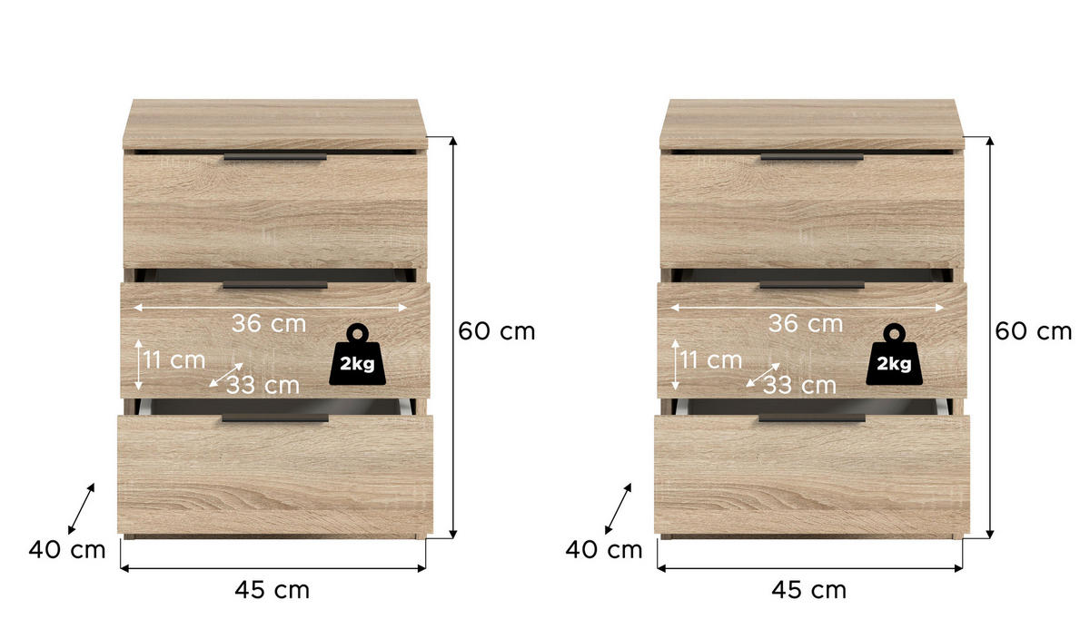 Nachtkonsolen KOPENHAGEN, Set Eiche Sonoma Nachbildung B/H/T: ca. 45x60x40 cm KOPENHAGEN, Set - Eiche (45,00/60,00/40,00cm) - xonox.home