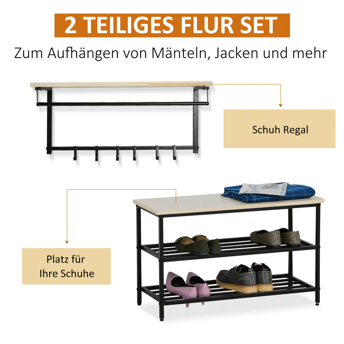 Garderobenset 837-094 natur schwarz B/H/T: ca. 75x45x30 cm 837-094 - natur/schwarz (75,00/45,00/30,00cm) - HOMCOM