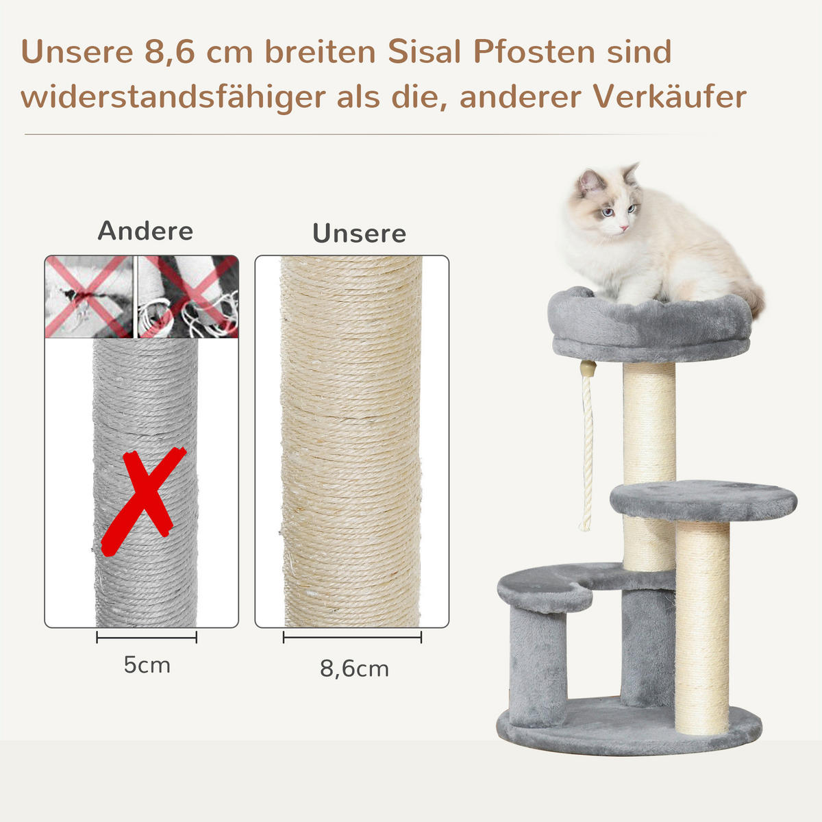 PawHut Katzen-Zubehör grau Polypropylen B/H/L: ca. 40x40x65 cm Katzenbaum - grau (65,00/40,00/40,00cm) - PawHut