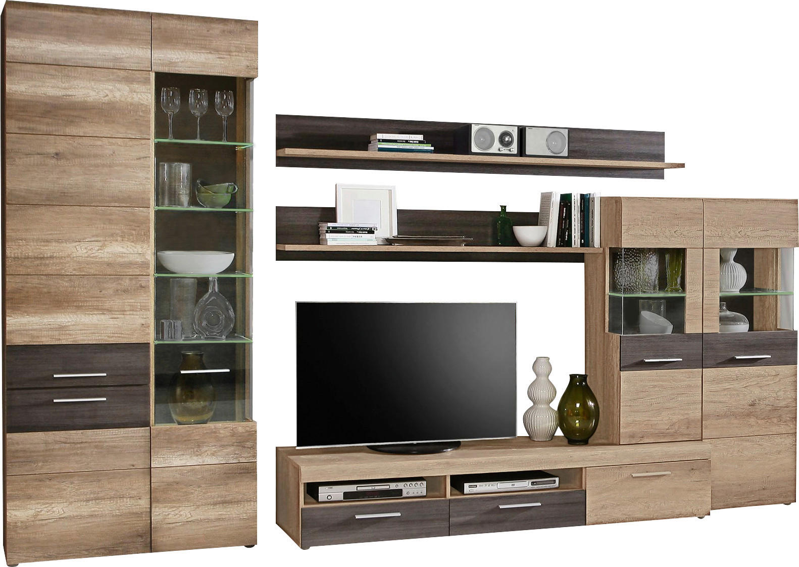 Wohnwand  Eiche Antik Nachbildung Touchwood Nachbildung B/H/T: ca. 320x207x52 cm Nabou_Wohnwand NBUM01-P74 - Eiche (320,00/207,00/52,00cm)