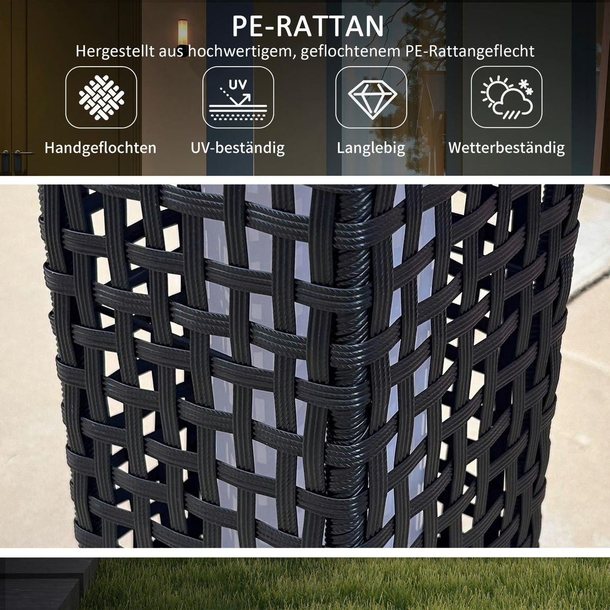 Solarleuchte 867-130V00BK schwarz Polypropylen Edelstahl Polyrattan B/H/L: ca. 15,5x15,5x46 cm Rattan_Solarleuchte - schwarz (46,00/15,50/15,50cm) - Outsunny
