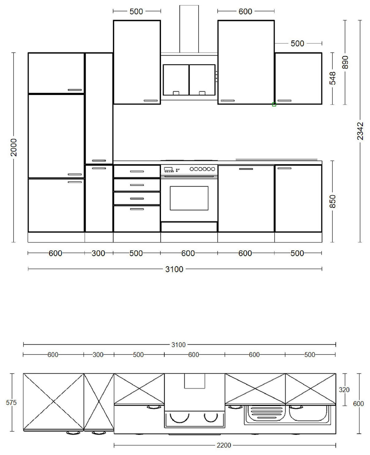 Küchenblock Cara grün matt B/H/T: ca. 310x234x60 cm Cara - schwarz/grün (310,00/234,00/60,00cm) - Flex-Well