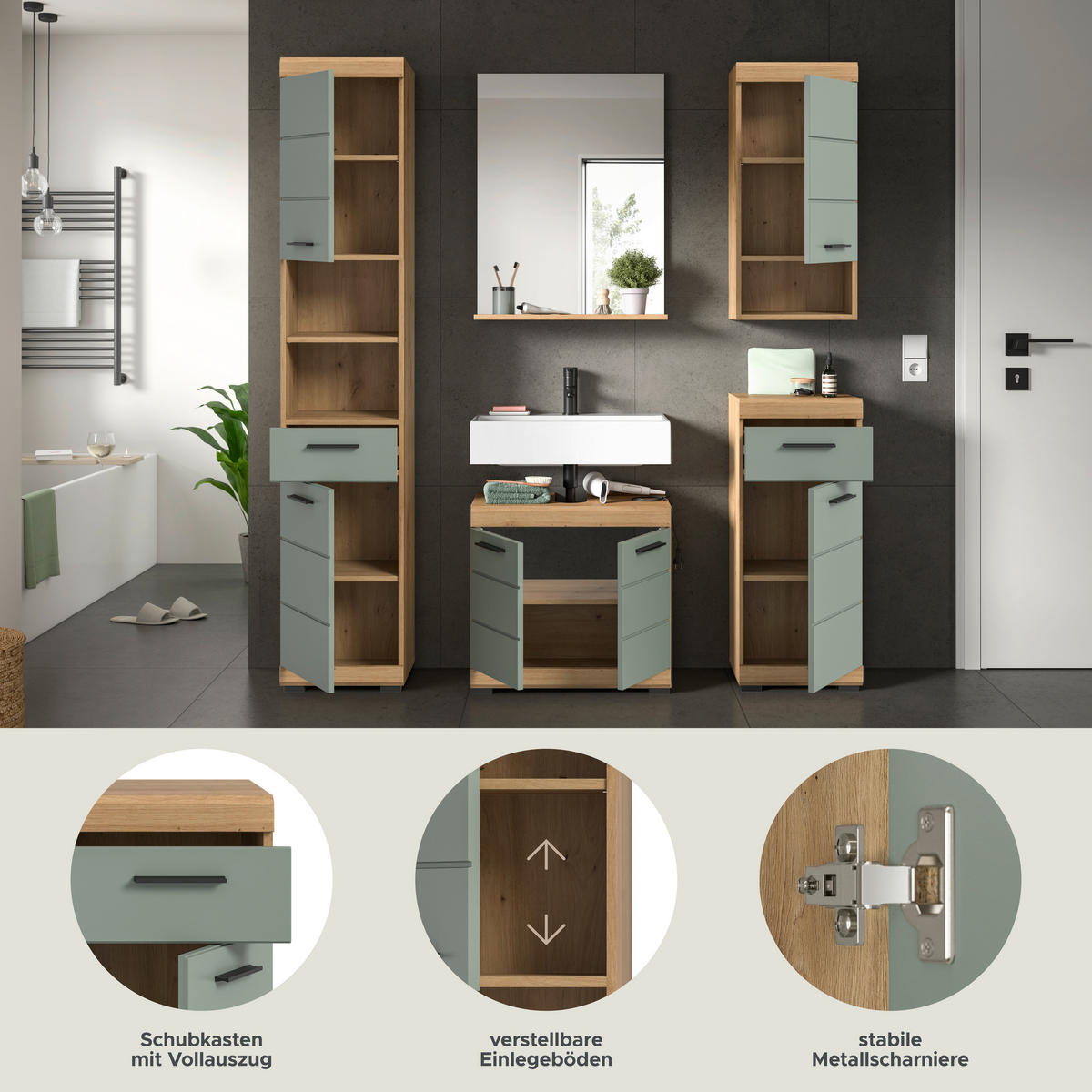 Badezimmer-Set Scout Eiche Artisan Nachbildung salbei Nachbildung B/H/T: ca. 164x191x34 cm Scout - Eiche/salbei (164,00/191,00/34,00cm) - xonox.home