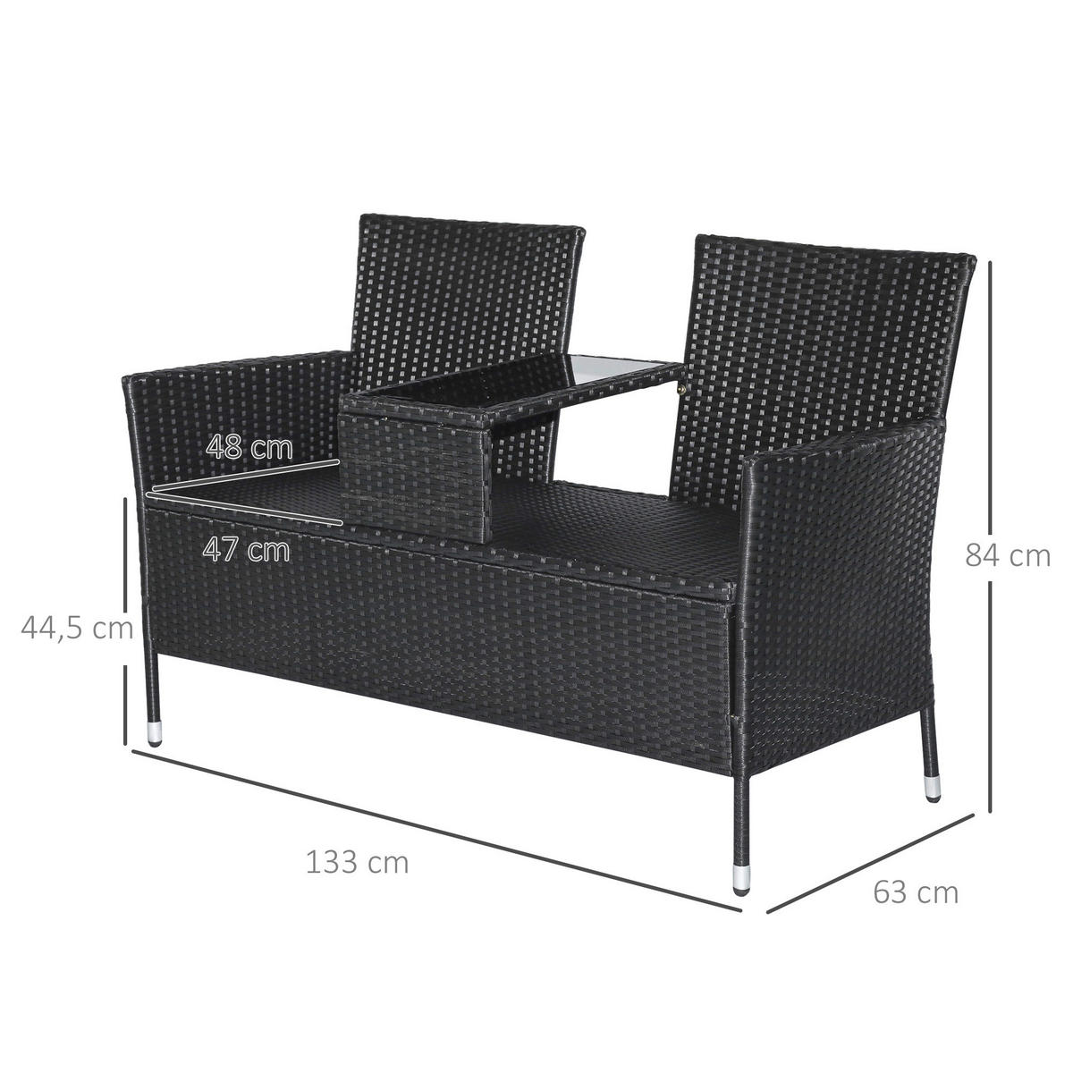 Outsunny Sitzgruppe schwarz Polyrattan B/H/L: ca. 63x133x84 cm Gartenmöbel-Set - schwarz (84,00/63,00/133,00cm) - Outsunny