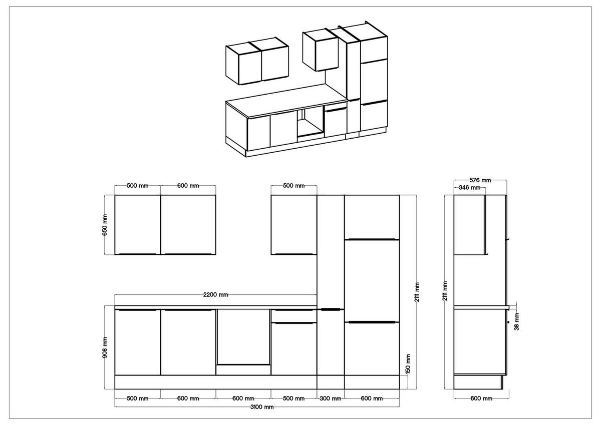 Respekta Küchenblock Marleen grau matt B/H/T: ca. 310x211x60 cm Marleen - Eiche/Alu (310,00/211,00/60,00cm) - Respekta