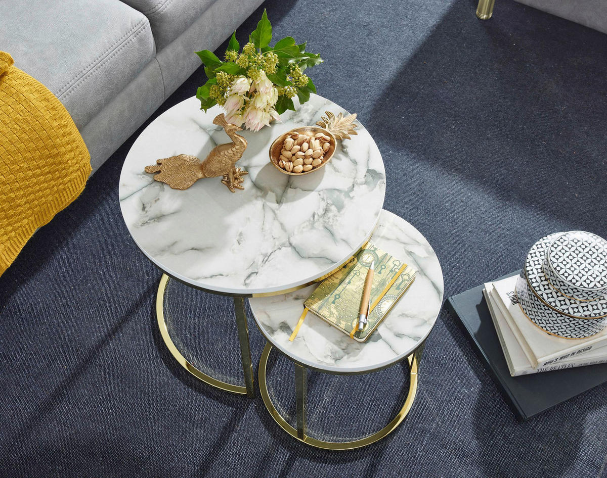 Couchtisch 2er-Set. weiß Marmor Optik gold lackiert 2er-Set. - gold/weiß - Wohnling