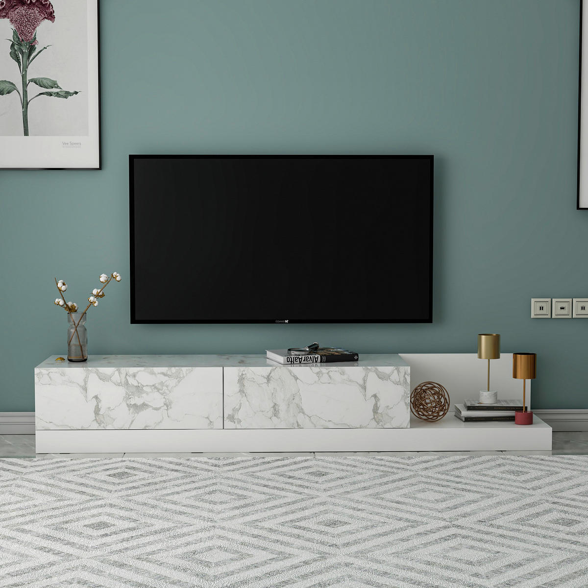TV-Lowboard Majör weiß Marmoroptik B/H/T: ca. 180x30x37 cm Majör - weiß/Marmoroptik (180,00/30,00/37,00cm) - moebel17