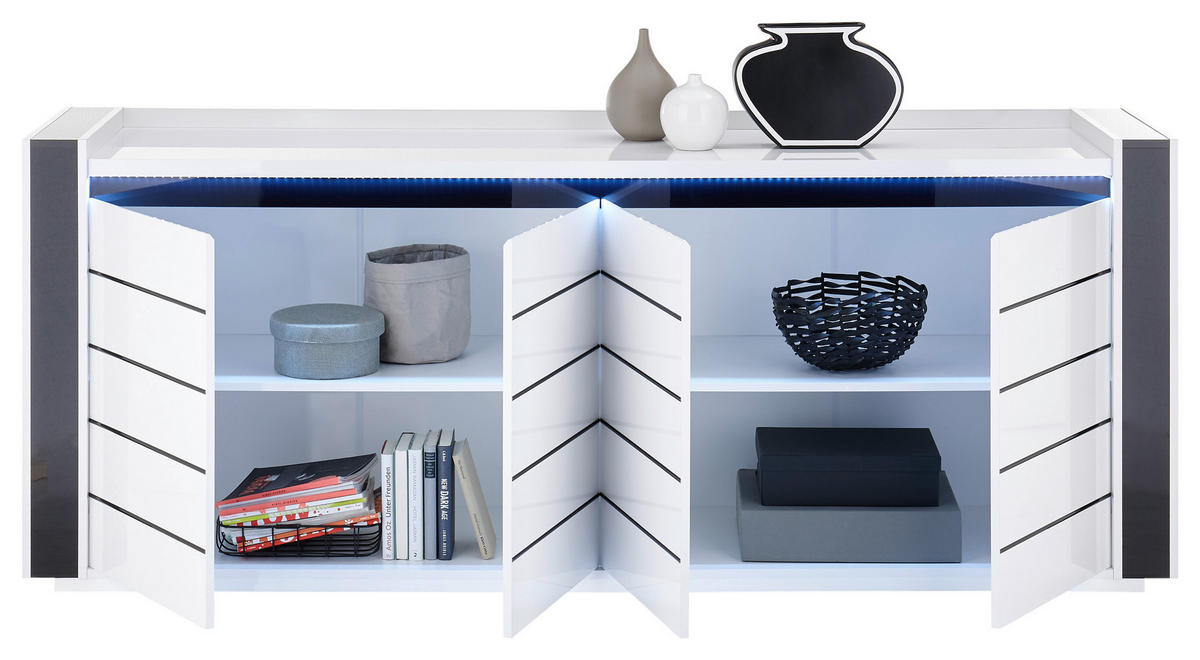 Sideboard Savona weiß Hochglanz schwarz Hochglanz B/H/T: ca. 220x87x50 cm Savona - weiß/schwarz (220,00/87,00/50,00cm)