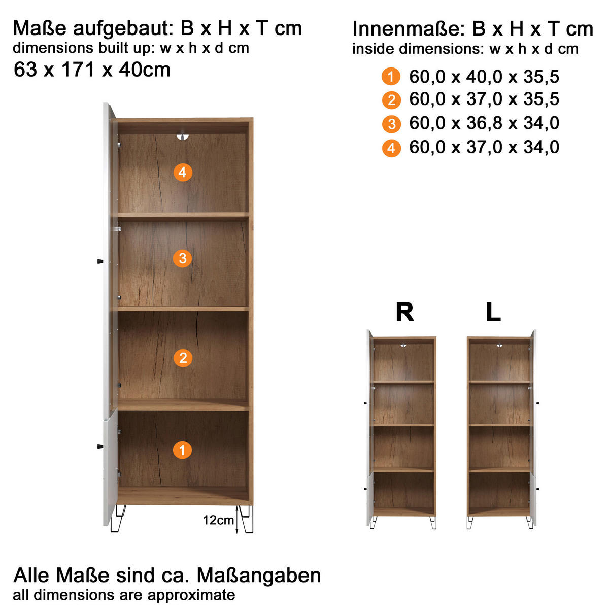 Vitrine Touch weiß matt Eiche Artisan Nachbildung B/H/T: ca. 63x172x40 cm Touch - Eiche/weiß (63,00/172,00/40,00cm) - Trendteam