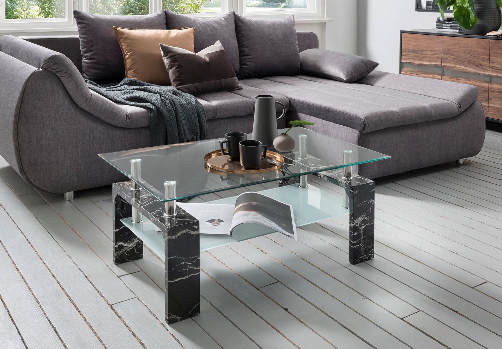 Thumbnail - Glascouchtisch Modena Marmor glasklar B/H/T: ca. 100x45x60 cm