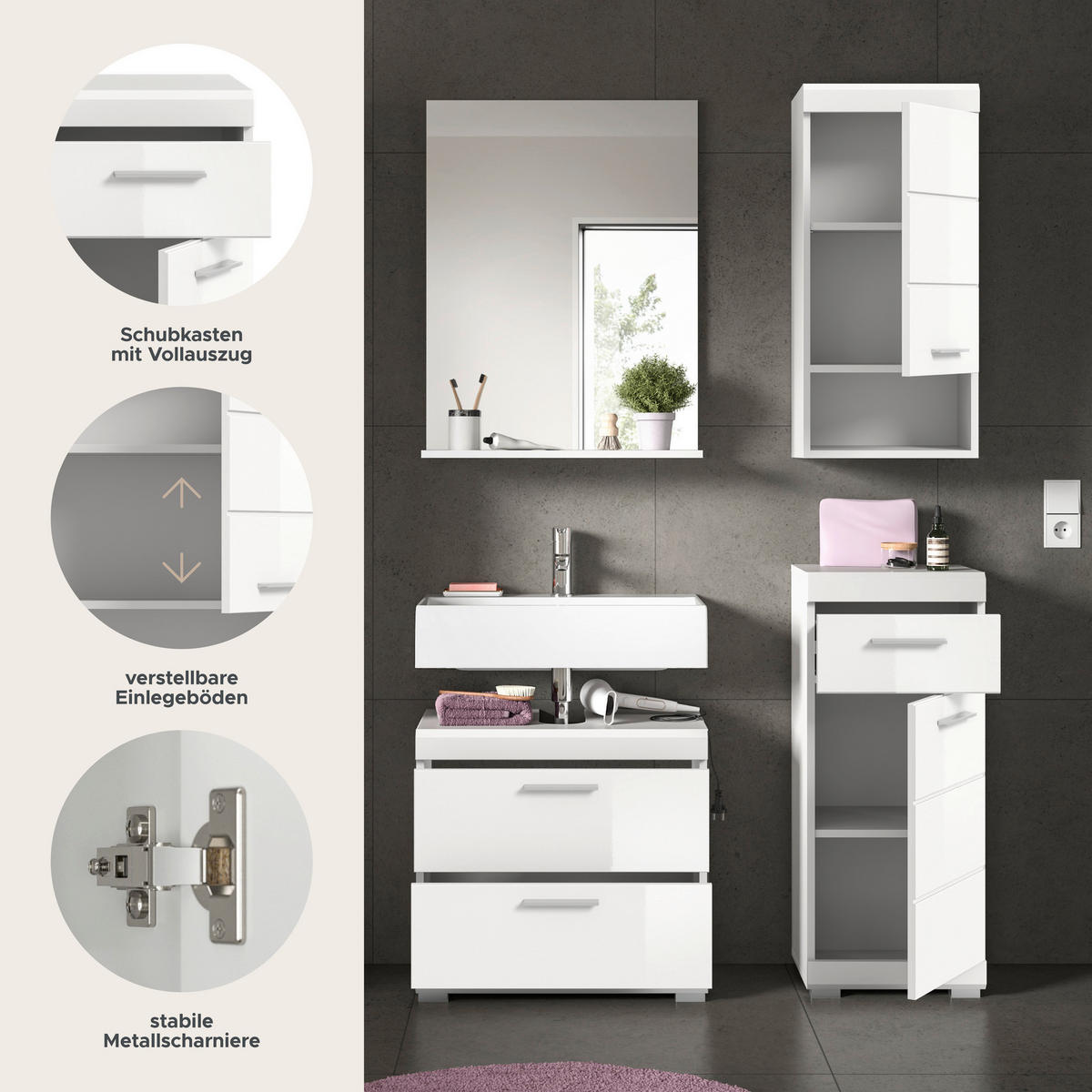 Badezimmer-Set Scout weiß weiß Hochglanz B/H/T: ca. 112x191x37 cm Scout - weiß (112,00/191,00/37,00cm) - xonox.home