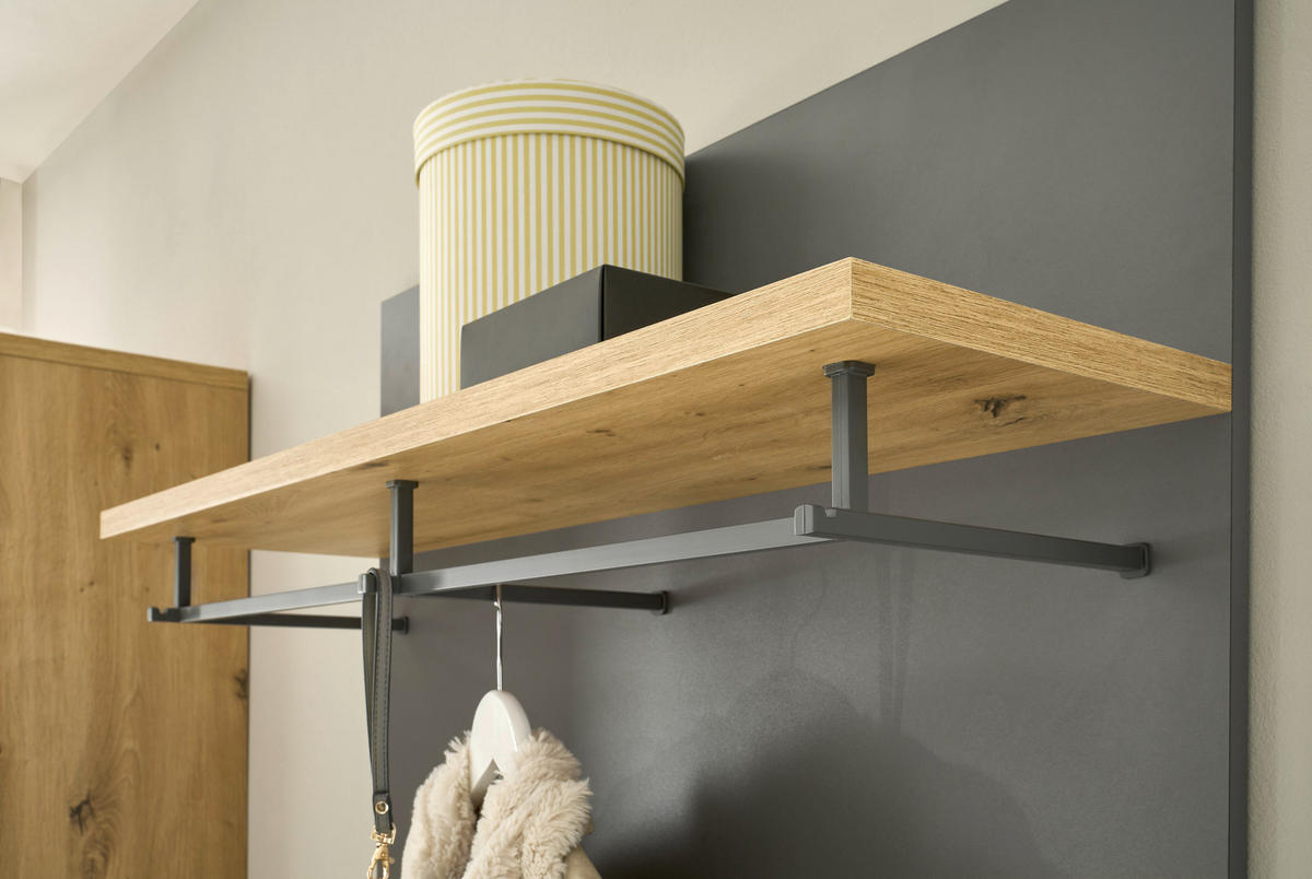 Garderobenpaneel Milan grau Eiche Artisan Nachbildung B/H/T: ca. 858x95x27 cm Milan - Eiche/grau (858,00/95,00/27,00cm)