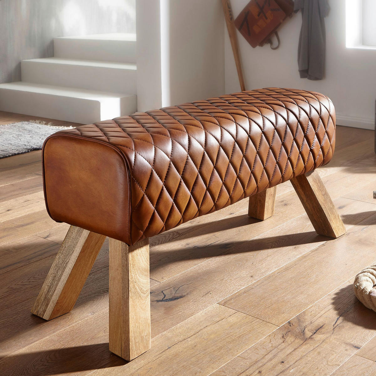 Wohnling Sitzbank braun natur Leder Echtholz B/H/T: ca. 89x46x35 cm Sitzbank - braun/natur (89,00/46,00/35,00cm) - Wohnling