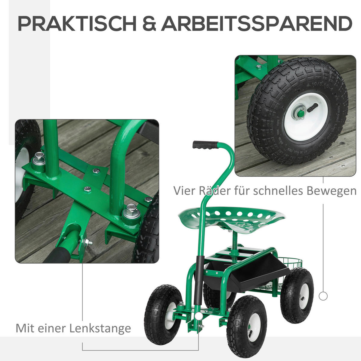 Outsunny Fahrbarer Gartensitz grün Gummi B/H/L: ca. 44,5x59x81 cm Gartenwagen_fahrbar - grün (81,00/44,50/59,00cm) - Outsunny