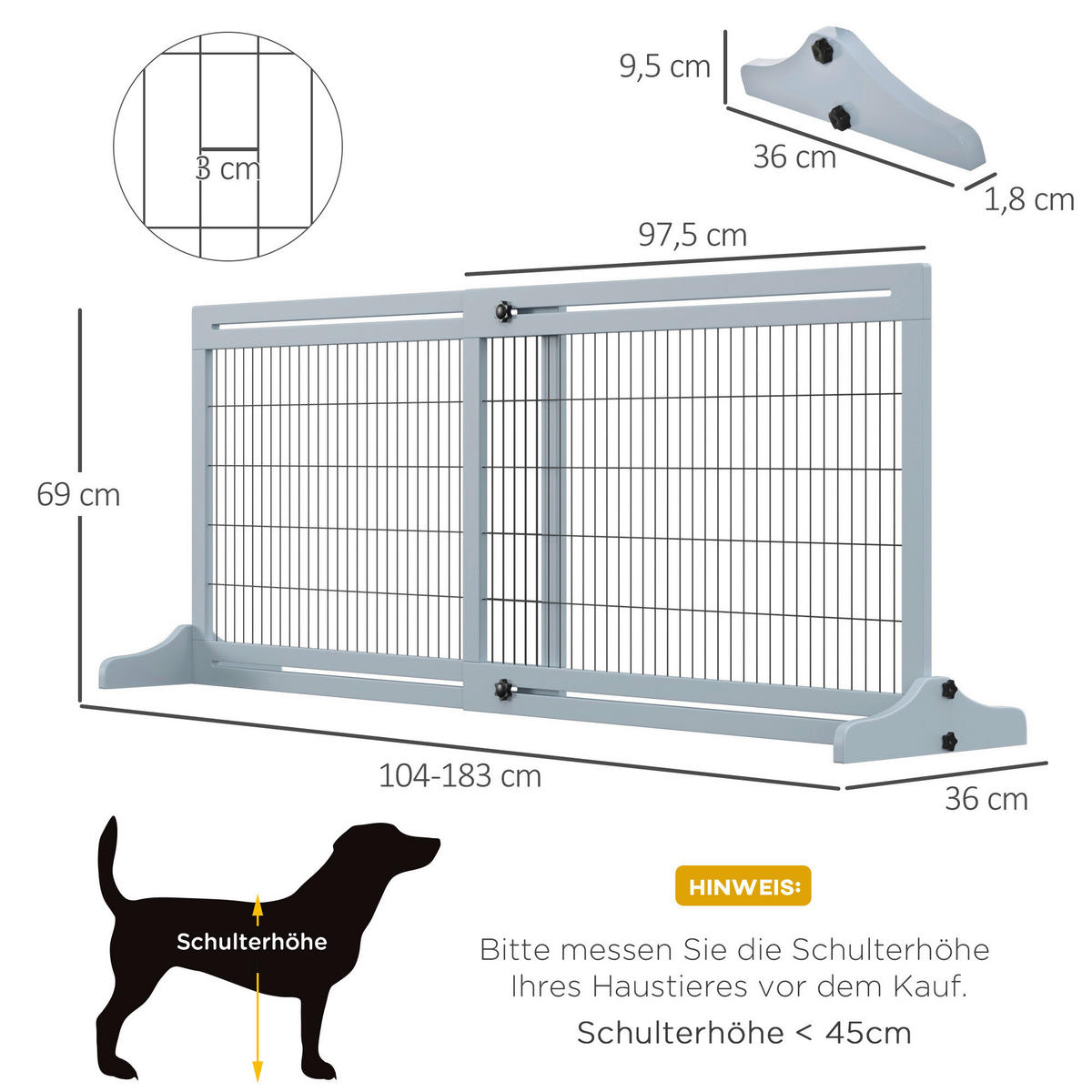 PawHut Hunde-Schutzgitter grau Kiefer B/H/L: ca. 36x183x69 cm Hunde_Absperrgitter - grau (69,00/36,00/183,00cm) - PawHut