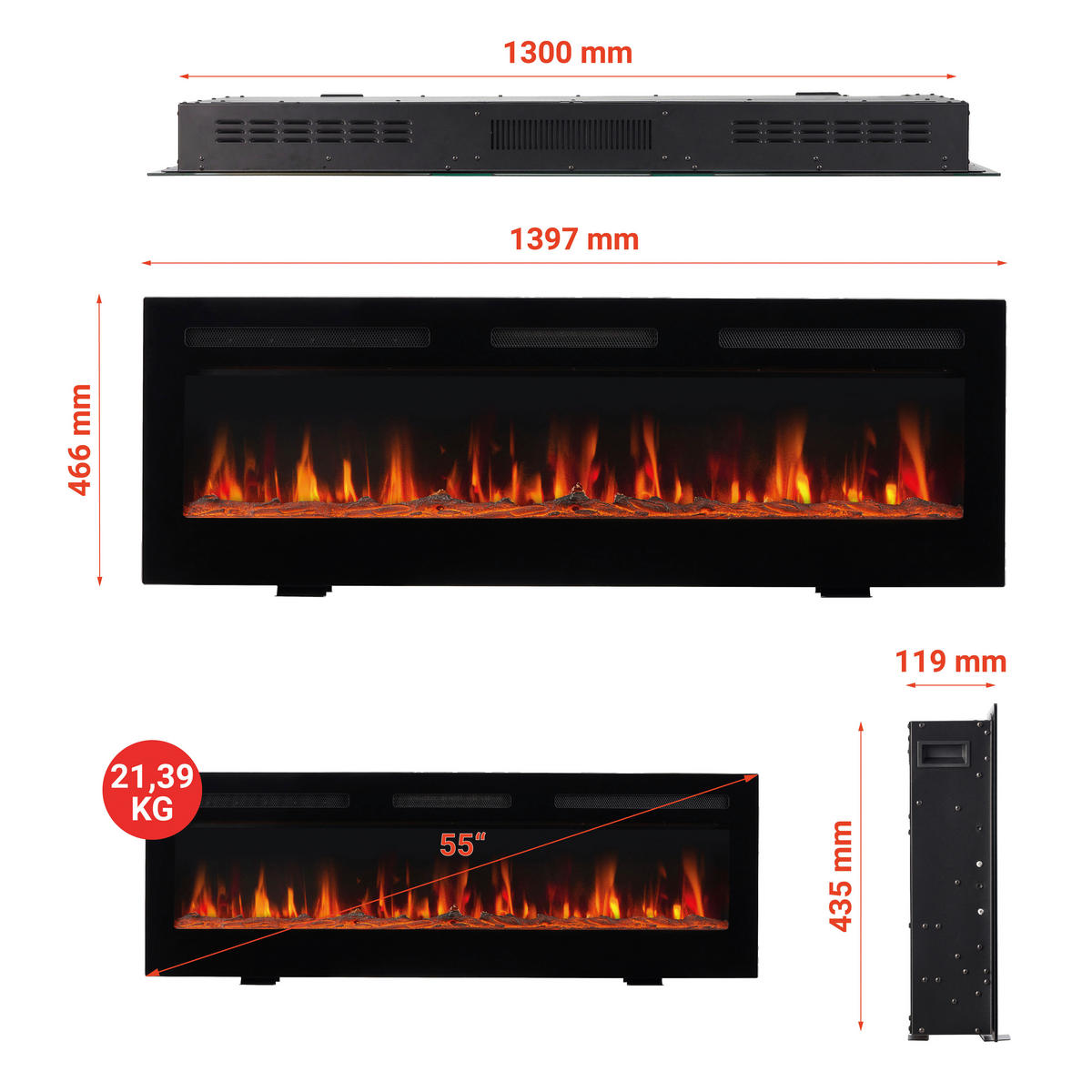 KAMINIO Elektrischer-Kamin MARLON schwarz Metall B/H/T: ca. 127x46,6x11,9 cm ca. 1800 W MARLON - schwarz (127,00/46,60/11,90cm) - KAMINIO