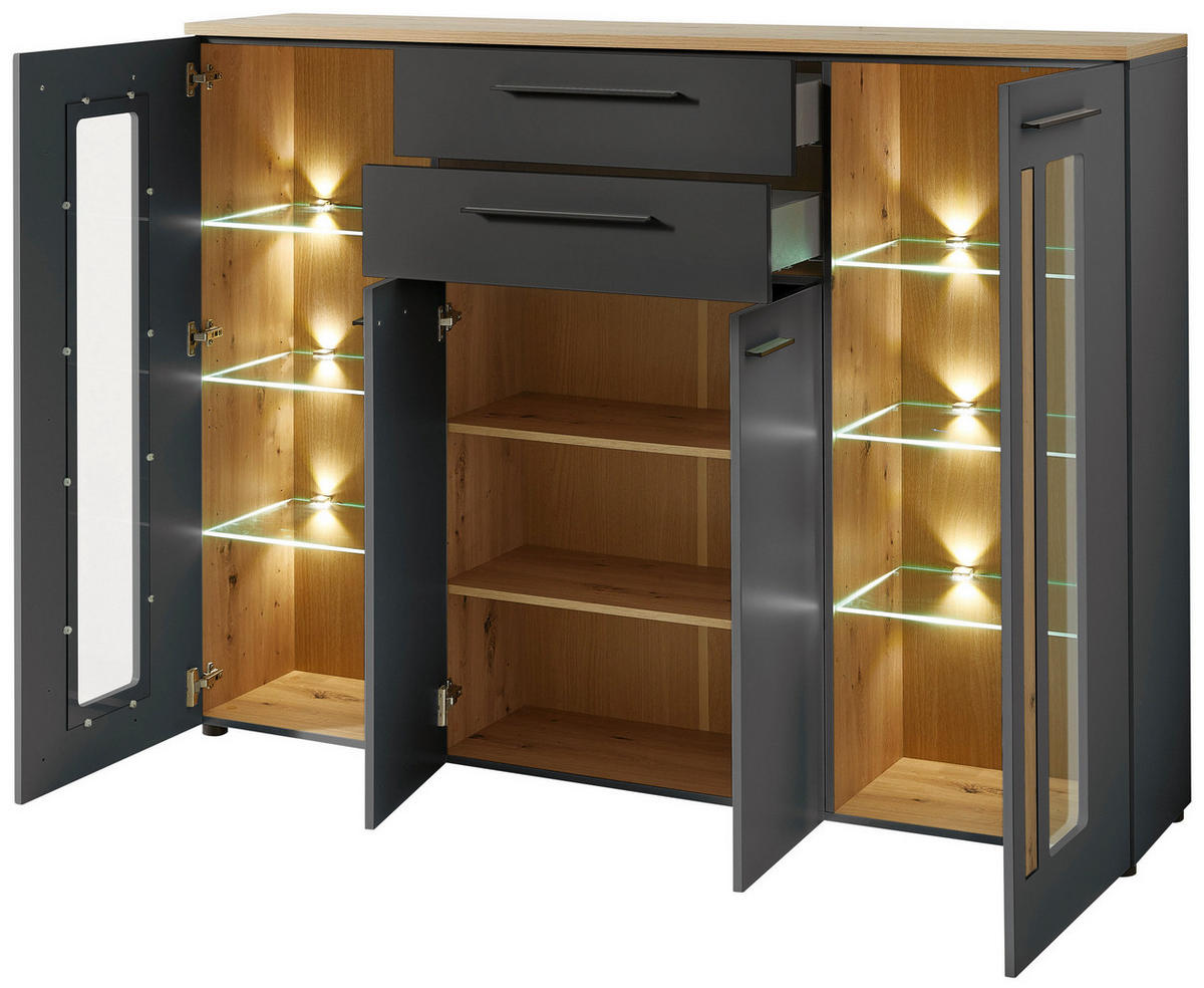 Highboard Loft Two Eiche Artisan Nachbildung Graphit Lacklaminat supermatt B/H/T: ca. 180x133x37 cm Loft Two - Eiche/schwarz (180,00/133,00/37,00cm)