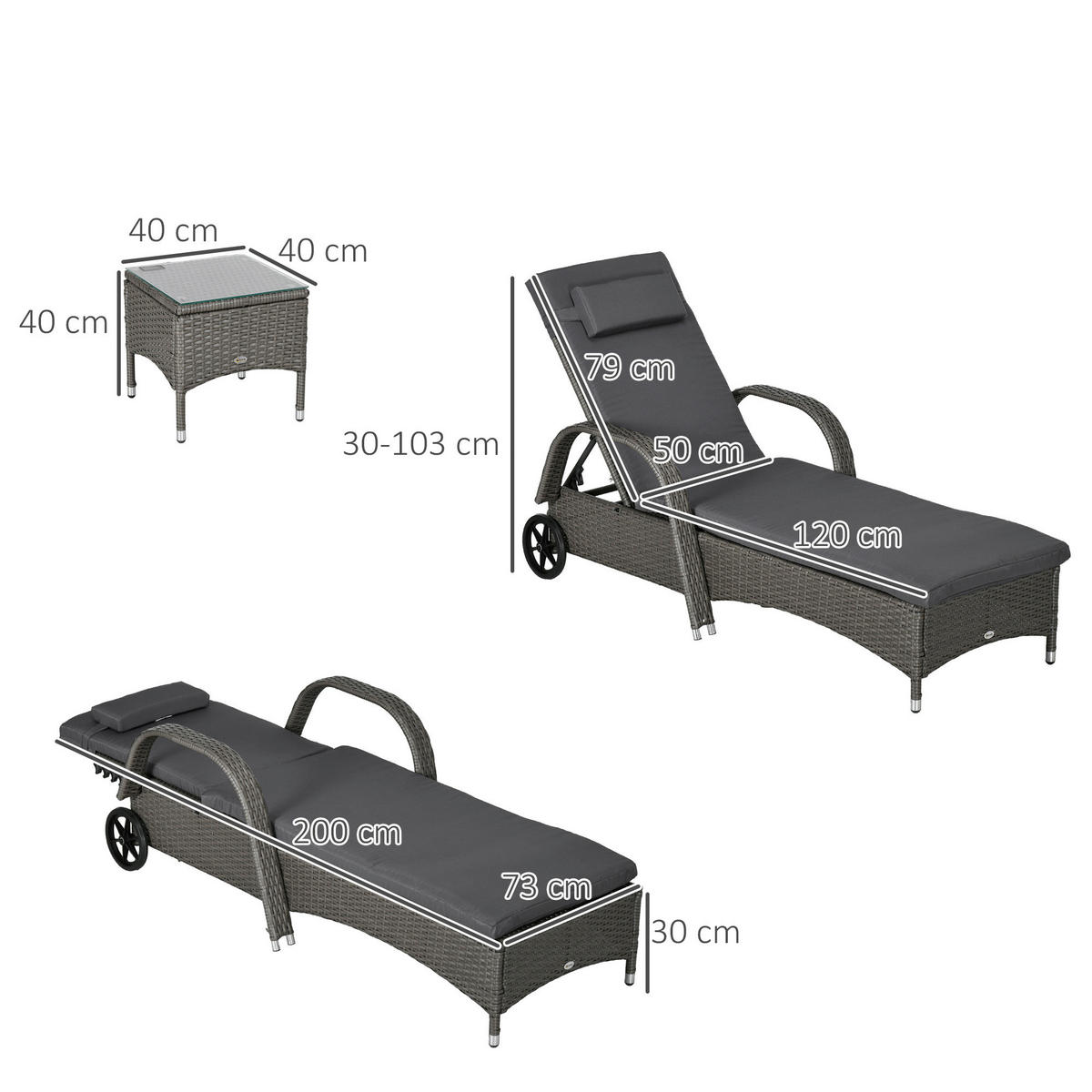 Outsunny Gartenliege 2er Set dunkelgrau Glas B/H/L: ca. 73x103x200 cm Gartenliege 2er Set - dunkelgrau/grau (200,00/73,00/103,00cm) - Outsunny
